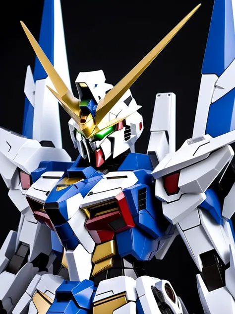 ((full body portrait of Gundam)), strike freedom Gundam, rectangular green glowing eyes, proportional body, gundam v Vin, detailed, robot, Mecha, (bandai metal build series figure:1.5), (masterpiece:1.4), (best quality:1.4), (realistic metal surface),