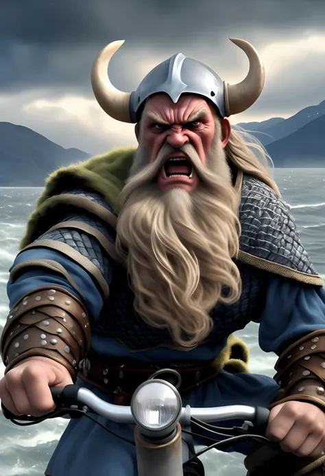 ~*~Digital Art~*~, frontal view, (breathtaking closeup portrait of (an old school angry viking worrier) who has just lost his ship in the fjord, trying to ride on a modern e-bike:1.2), droll viking outfit, in front of an amazing beautiful norwegian landscape, (lovely detailed pretty frustrated face:1.2), depth of field, dust, spray, stormy weather, dramatic sky, at midnight, (beautiful very dark blue colours with a tiny piece of red and yellow:1.1), masterpiece of art, highest quality, 32k, intricate details, (professional quality:1.2), (Rembrandt Lighting Style:1.2), (watercolour landscape style:1.1), (painting, illustration:1.2), <lora:sdxl_add-detail-xl>, <lora:sdxl_Rembrandt Lighting Style:0.8>, <lora:sdxl_style_watercolour landscape style_ep05:1>