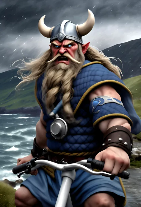 ~*~Digital Art~*~, frontal view, (breathtaking closeup portrait of (an old school angry viking worrier) whose ship just sank in the fjord, trying to ride on a modern e-bike:1.2), droll viking outfit, in front of an amazing beautiful norwegian landscape, (lovely detailed pretty frustrated face:1.2), depth of field, dust, spray, stormy weather, dramatic sky, at midnight, (beautiful very dark blue colours with a tiny piece of red and yellow:1.1), masterpiece of art, highest quality, 32k, intricate details, (professional quality:1.2), (Rembrandt Lighting Style:1.2), (watercolour landscape style:1.1), (painting, illustration:1.2), <lora:sdxl_add-detail-xl>, <lora:sdxl_Rembrandt Lighting Style:0.8>, <lora:sdxl_style_watercolour landscape style_ep05:1>