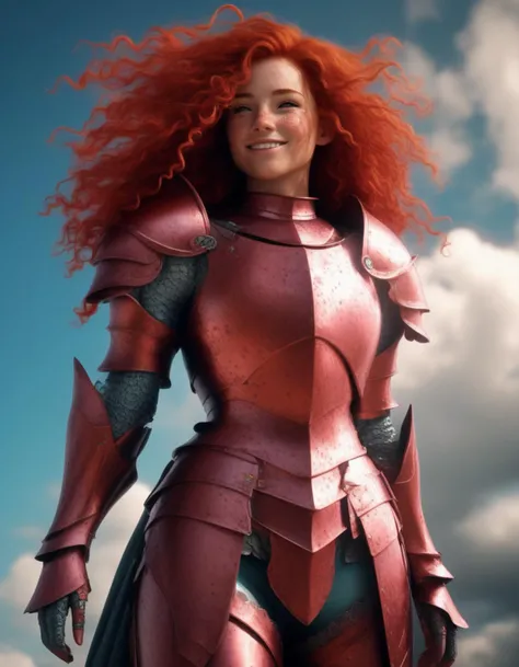 full body shot, a sense of achievement, strong, positive, she will go far and she can show it, she has a sly smile on her face, long red curly hair, freckles, wearing a vibrant colored suit of armor, cinematic view, epic sky, detailed, concept art, low angle, high detail, volumetric, vivid, beautiful