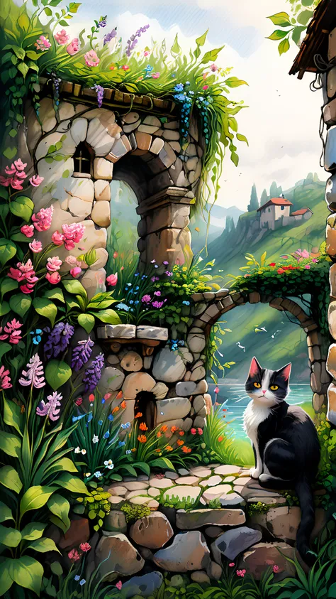 Highly detailed, rustic sketchbook style, outdoor sketching from life, hand drawn, a mix of oil pastels, charcoal, and pigment, a mysterious beautiful garden surrounded by an old stone wall, a cute cat sits on the wall, <lora:detailed_notrigger:1>, <lora:xl_more_art-full_v1:.7>