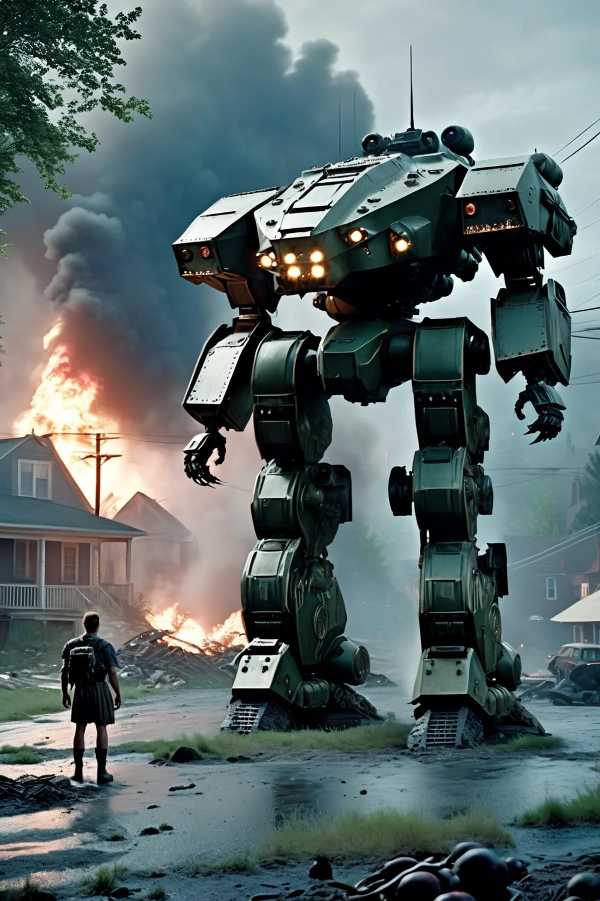 gregory crewdson Style, An evil 1950's hell spawn armored BattleMech on an alien world, (vibrant, photo realistic, realistic, dramatic, dark, sharp focus) ((film grain, (high detailed skin texture, high detailed face), 8k hdr, dslr)), <lora:offset_0.2:0.8> contrast, <lora:AdvancedEnhancerXLv2:0.8> young,> <lora:Gregory Crewdson Style:1> gregory, crewdson