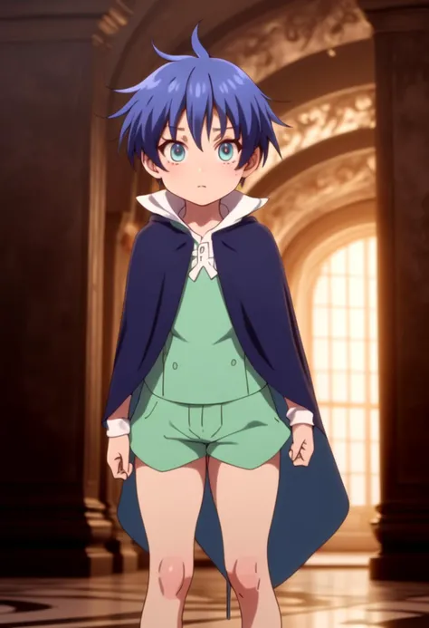 <lora:san_lloyd-de-saloum:0.60>,one -yeld bomall, lloyd, green shorts,blue hair, masterpiece, ultra detail, blue eyes, (dark blue cape), (petite:1.2), (masterpiece:1.2), best quality, high resolution, unity 8k wallpaper, (illustration:0.8), (beautiful detailed eyes:1.6), extremely detailed face, perfect lighting, extremely detailed CG, (perfect anatomy), anime style, standing , white shirt,
