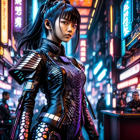 Cyberpunk style digital art, sideview turning pov, dynamic pose, beautiful young Japanese woman Suzuka Nakamoto <lora:Suzuka_Nakamoto-XL-000005:0.8> in futuristic leather and lace kimono in a gritty cyberpunk close crowded interior pub, cozy, futuristic dystopian ambiance, high details, wide angle, crowded , glaring look, dangerous, narrow eyes, billboards, tall corporate buildings lit up , black and silver dress bottom . Neon lights, urban grime, futuristic elements