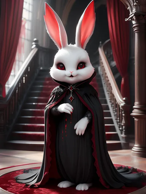 concept art, kawaii fantasy vampire bunny, fluffy with black cape, elegant gothic staircase and blood red drapes in the background, air of mystery