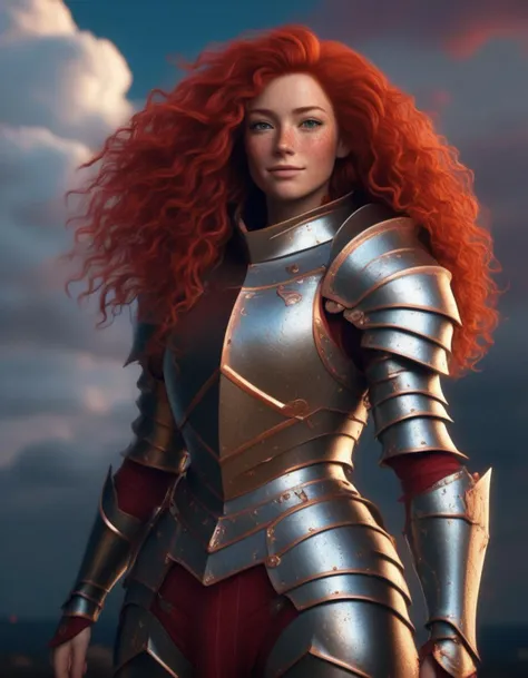 full body shot, a sense of achievement, strong, positive, she will go far and she can show it, she has a sly smile on her face, long red curly hair, freckles, wearing a vibrant colored suit of armor, cinematic view, epic sky, detailed, concept art, low angle, high detail, volumetric, vivid, beautiful