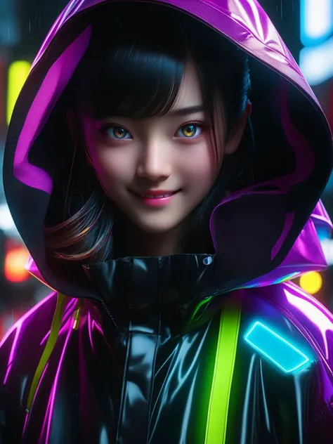 masterpiece, best quality, half body, portrait, night city, 1girl, anime, 3D, Japan, pixar, realistic, girl, smiling, cute face, harajuku fashion style, rain coat, beautiful, colourful, neon lights, cyberpunk, smooth skin, illustration, by stanley artgerm lau, sideways glance, foreshortening, extremely detailed 8K, smooth, high resolution, ultra quality, highly detail eyes, highly detail mouth, highly detailed face, perfect eyes, both eyes are the same, glare, Iridescent, Global illumination, hd, 8k realistic light and shadow, bright Eyes, fluorescent eyes,