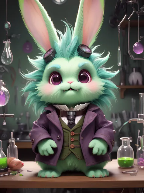 concept art, kawaii fantasy Frankenstein's monster bunny, stitches, neck bolts, fluffy, hazy mad scientist's lab background, <lora:detailed_notrigger:1>