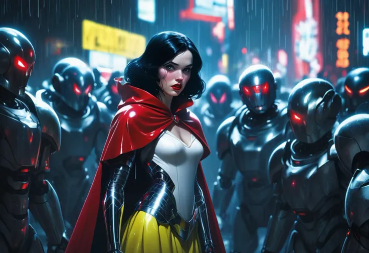 Dark close-up grunge cyber art of tall Snow White with a robotic arm and wearing shiny latex and metal clothes with a red cape, standing in front of seven short dwarf robots, (blurry neon lights in background:1.1), dark and gritty, ashy snow falling in background, low contrast, annoyed expression, scarred face, metallic lines in face