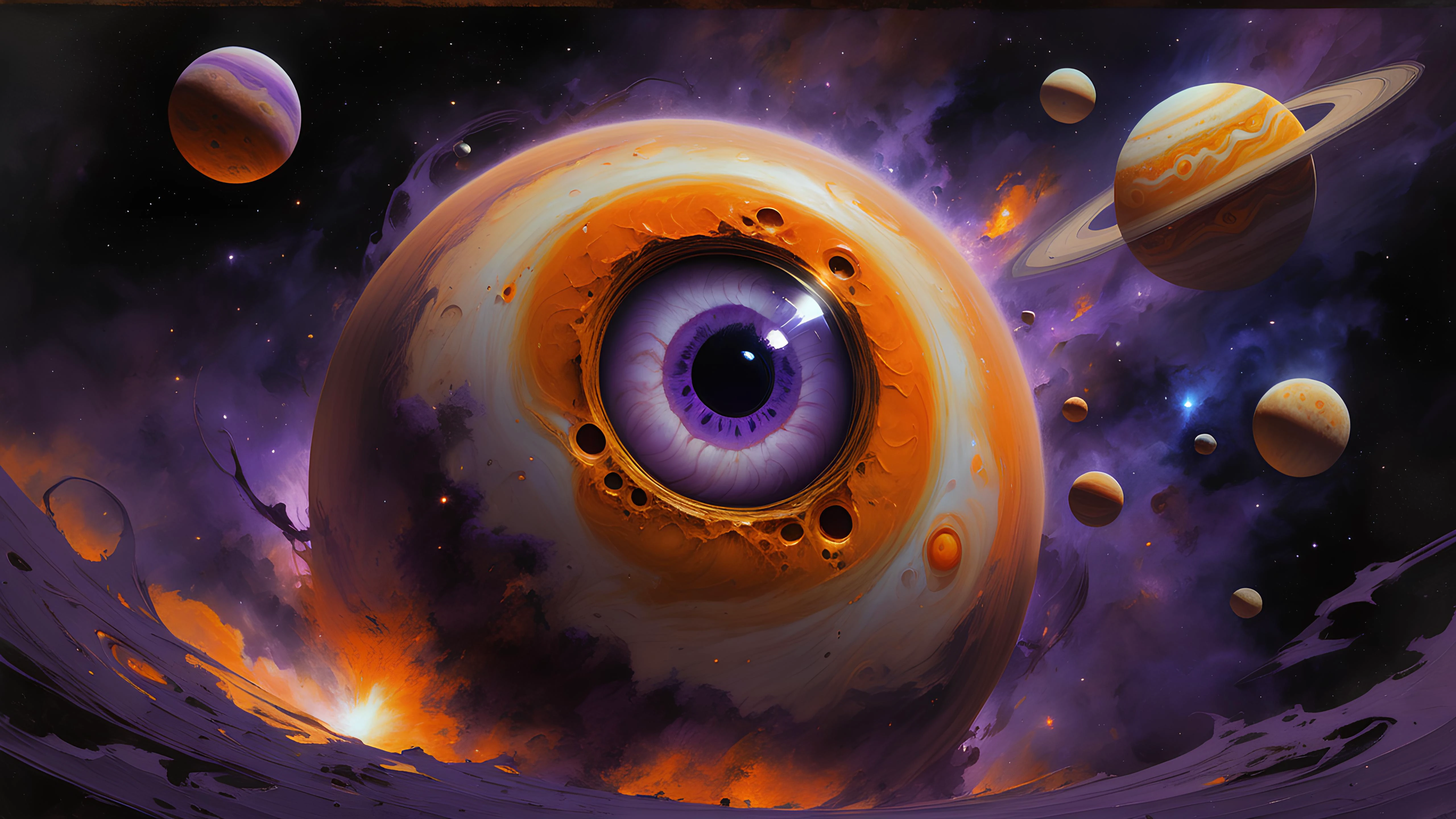 cosmic horror, sci-fi, Disney Rennaissance and Don Bluth Style outer space scene, vibrant, capturing the orange and purple hues of a giant Jupiter-like gas planet. It has a giant human eye, staring out at a small spacecraft adrift in endless space, as the stars are glittering in the dark, reds and deep purple reflecting on the metal of the craft, mysterious and unnerving, <lora:detailed_notrigger:1> <lora:rough-oil-sat-mega-adam-e:.6> oil painting, <lora:sss:.5>