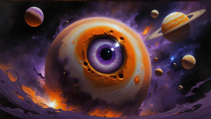cosmic horror, sci-fi, Disney Rennaissance and Don Bluth Style outer space scene, vibrant, capturing the orange and purple hues of a giant Jupiter-like gas planet. It has a giant human eye, staring out at a small spacecraft adrift in endless space, as the stars are glittering in the dark, reds and deep purple reflecting on the metal of the craft, mysterious and unnerving, <lora:detailed_notrigger:1> <lora:rough-oil-sat-mega-adam-e:.6> oil painting, <lora:sss:.5>