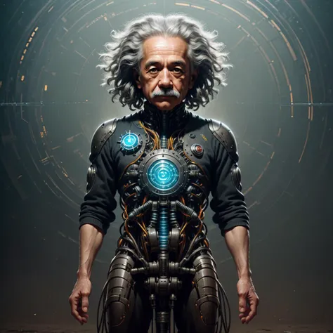 full body photo portrait of cyberpunk cybernetic old Albert einstein, cyberpunk netrunner, wires from his head, chromium eyes, atomic symbol hologram floating in the air, cyberbody linked to a gigantic computer <lora:ClassipeintXL1.9:0.6> <lora:greg_rutkowski_xl_2:0.3> <lora:JuggerCineXL2:1> <lora:wowifierXL:0.3>