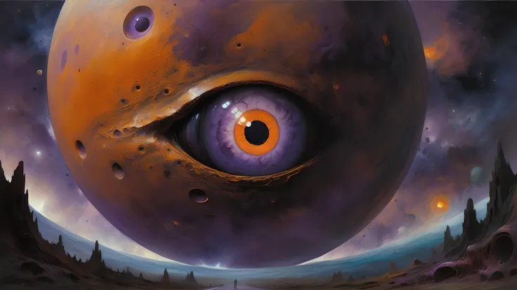 cosmic horror, sci-fi, Disney Rennaissance and Don Bluth Style outer space scene, vibrant, capturing the orange and purple hues of a giant Jupiter-like gas planet. It has a giant human eye, staring out at a small spacecraft adrift in endless space, as the stars are glittering in the dark, reds and deep purple reflecting on the metal of the craft, mysterious and unnerving, <lora:detailed_notrigger:1> <lora:rough-oil-sat-mega-adam-e:.6> oil painting <lora:sdxl_lora_beksinski:.3> digital artwork by Beksinski <lora:sss:.5>