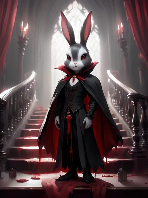 concept art, kawaii fantasy vampire bunny, fluffy with black cape, elegant gothic staircase and blood red drapes in the background, air of mystery