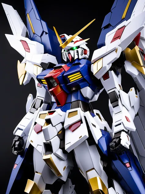 ((full body portrait of Gundam)), strike freedom Gundam, rectangular green glowing eyes, proportional body, gundam v Vin, detailed, robot, Mecha, (bandai metal build series figure:1.5), (masterpiece:1.4), (best quality:1.4), (realistic metal surface),
