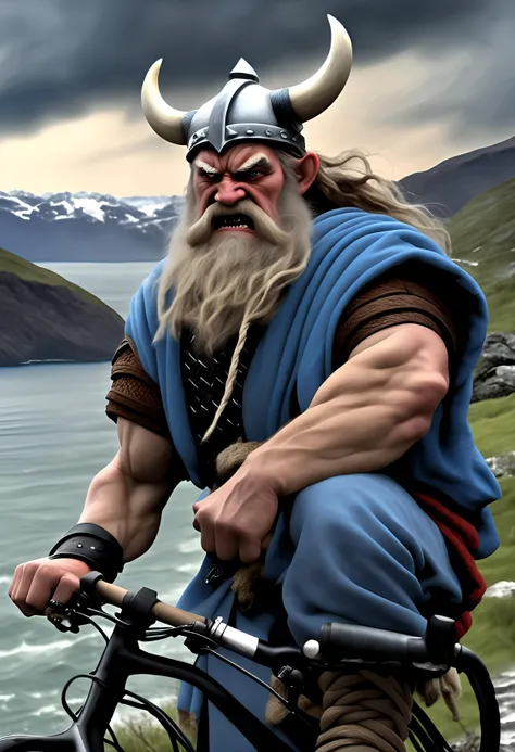 ~*~Digital Art~*~, frontal view, (breathtaking closeup portrait of (an old school angry viking worrier) whose ship just sank in the fjord, trying to ride home on a modern e-bike:1.2), droll viking outfit, in front of an amazing beautiful norwegian landscape, (lovely detailed pretty frustrated face:1.2), depth of field, dust, spray, stormy weather, dramatic sky, at midnight, (beautiful very dark blue colours with a tiny piece of red and yellow:1.1), masterpiece of art, highest quality, 32k, intricate details, (professional quality:1.2), (Rembrandt Lighting Style:1.2), (watercolour landscape style:1.1), (painting, illustration:1.2), <lora:sdxl_add-detail-xl>, <lora:sdxl_Rembrandt Lighting Style:0.8>, <lora:sdxl_style_watercolour landscape style_ep05:1>