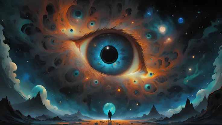 cosmic horror, sci-fi, Disney Rennaissance and Don Bluth Style outer space scene, focus on a mysterious space scene, a menacing black hole full of human eyes, resembling Lovecraftian Azathoth, swirling and psychedelic, the danger of the universe, drifting in space, encapsulating the universe, captures this surreal dance of light and shadows against the backdrop of distant stars, mysterious and unnerving, <lora:detailed_notrigger:1> <lora:rough-oil-sat-mega-adam-e:.6> oil painting, <lora:sss:.5>