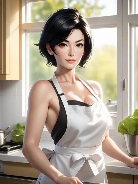 nijistyle, pov selfie, portrait of beautiful milf in white apron, bare shoulders, short black hair, kitchen, window, steam