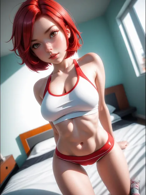 1girl, (pov fisheye lens) torso POV defined hard edges, well defined, elvgren ,brom,ecstasy,blush, red hair short hair straight hair, sporty 18-year-old , highly detailed, 8k, bedroom , microbikini