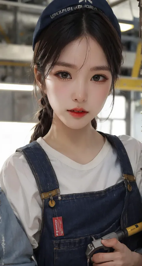 1girl ,solo,perfect lighting,puckered lips,overalls,worker cap,wrench, stains on face, stains on clothes, complex factory environment,tools,electric drill,saw,wood,
(((masterpiece, best quality))),(upper body)<lyco:neg4all_bdsqlsz_V3.5:1.0>looking at viewer,from front,
,detailed  seductive eyes,   <lora:tiffany_young__henmix_LORA_small:0.5><lora:yujin1:0.38><lora:makina69_choiyujin_v1.1:0.45>