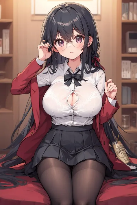 1girl,<lora:char taihou-000008:1> huge breasts, very long hair,open jacket,white shirt,skirt, pantyhose, bra