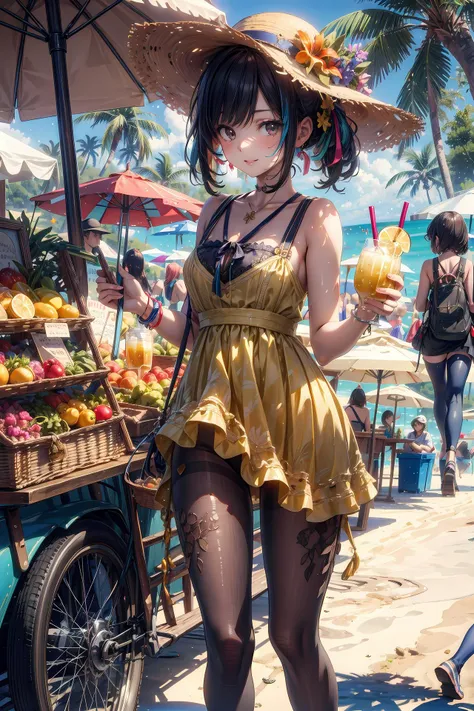(best quality, masterpiece, incredibly absurd res:1.6), (extremely beautiful detailed girl:1.3), (ultra-detailed:1.3), (intricated detailed:1.2), (vibrancy:1.2), (ray tracing, beautiful detailed shadows:1.3), (tights:1.3), A young girl in a yellow sundress and a straw hat walks along the beach of a tropical resort, She feels thirsty and looks for a place to buy some lemonade, She spots a colorful stand near the palm trees, where a friendly vendor is selling fresh-squeezed lemonade, She approaches the stand and smiles, ready to order a refreshing drink,