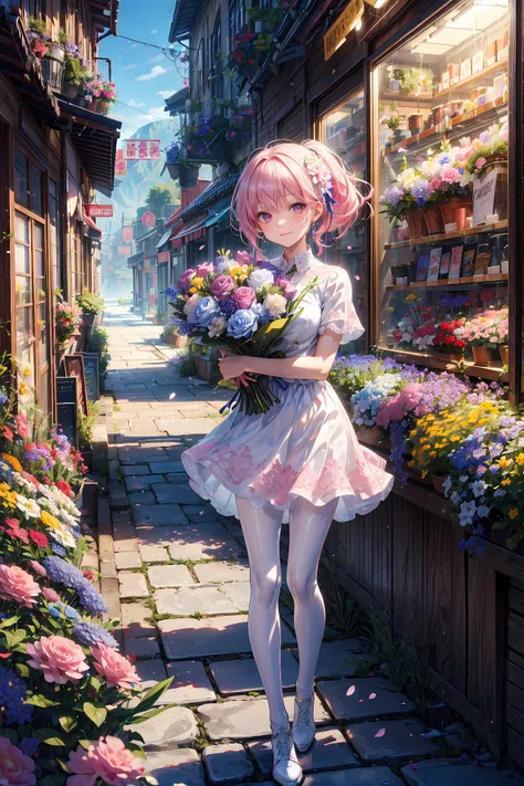 (cowboy shot:1.4),((woman dressed holding flowers and flowers near a store window)),1girl, flower, solo, pink hair, pantyhose, bouquet, looking at viewer, hair ornament, long hair,purple eyes, short dress, hair flower, holding bouquet, standing, short sleeves, white footwear,(short dress color:white,pink:1.4), yellow flower, selling flowers, scenery,night time,wall lamp,smile,high ponytail,bangs, pink flowers,blue flowers, medium breast,small ribbon on flower as tie,((scenery)),(((scenery))),windy,(windy:1.3),(scenery),((scenery)),(((scenery))),