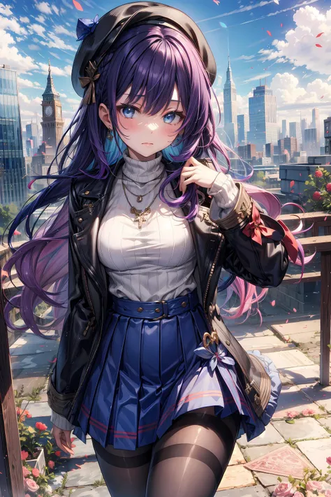 1girl, solo, long hair, breasts, looking at viewer, blush, bangs, blue eyes, sexy skirt, pantyhose,thighs,long sleeves, hat, jewelry, closed mouth, purple hair, multicolored hair, cowboy shot, outdoors, sky, day, necklace, sweater, blue sky, black headwear, gradient hair, turtleneck, beret, building, bolding rooftop,
