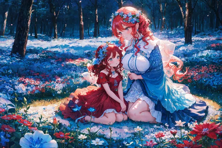 ( fire red ice blue monochrome ) Fairy Forest, small rivers, fluorescent Flowers, Flowerfield, Starfield, Galaxy, falling glitter,
(2girls, multiple girls, mother and daughter:1.3, monster girl, flower girl, flower features, medium hair, flower hair, curly hair, big breasts, deep eyes, )
Celtic Druid Dress, flower frills, celtic jewelry, flower tattoos,