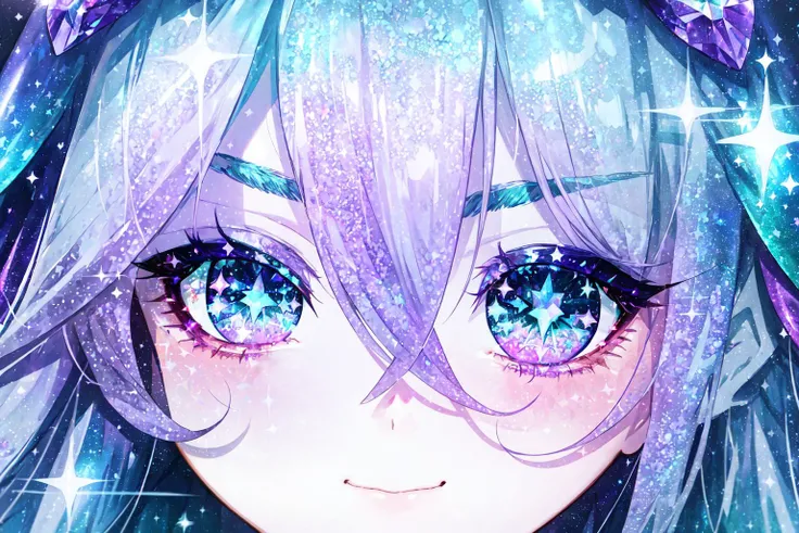 ( silver blue green purple galaxy monochrome:1.2), starfield,
big eyes, beautiful eyes, glitter eyes, only eyes, galaxy eye reflection, happy face, glitter hair, glitter eyebrows,