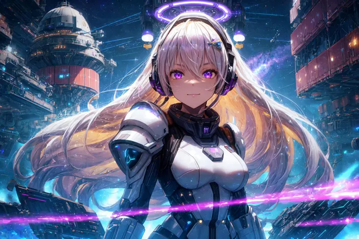 In Space, On Space Station, Space Fleet, Stars, Star System, Planets,
1girl, (tall, medium breasts, long hair, platinum blonde, glowing purple eyes, Headset, futuristic space armor, white black armor, neon armor, multiple war medals,) serious, light smile, dynamic pose,
embroidery, glitter, recruitment poster,