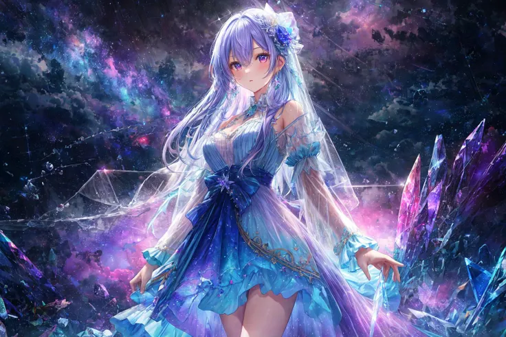 ethereal colors, musical notes, sheet music, ethereal glitter, ethereal starfield, ethereal nebula and clouds, colorful rain, vivid colors, ethereal lightning horizon, ethereal color particles,
decorative, intricate, embroidery, depth of field, high quality, masterpiece, absurdres,
1girl, slender body, medium breasts, crystal clear eyes, long hair, crystal jewelry, transparent dress, see trough dress, transparent hair, wet body, water droplets on dress,