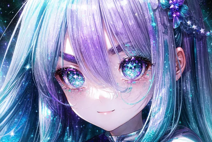 ( silver blue green purple galaxy monochrome:1.2), starfield,
big eyes, beautiful eyes, glitter eyes, only eyes, galaxy eye reflection, happy face, glitter hair, glitter eyebrows,