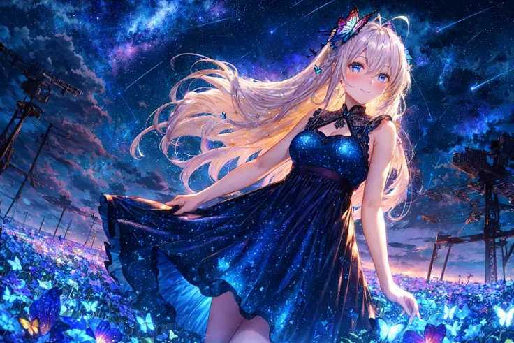 vast flower field, night sky, starfield, small clouds, colorful flowers, butterflies, shooting star, blood moon,
1girl, (tall, medium breasts, long hair, platinum blonde hair, antenna hair, blue eyes, intricate short sleeveless dress, glittering blue dress), light smile, light blush, dynamic pose,