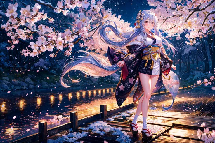 cherry blossoms, night sky, starry sky, starry background, falling cherry blossoms, snowing,
1girl, very long hair, glitter gold hair, straight hair, star pin,large breasts, silver eyes, formal kimono, glitter flower kimono, black kimono, star obi, clog sandals, smile, light blush,
intricate, embroidery, full body,