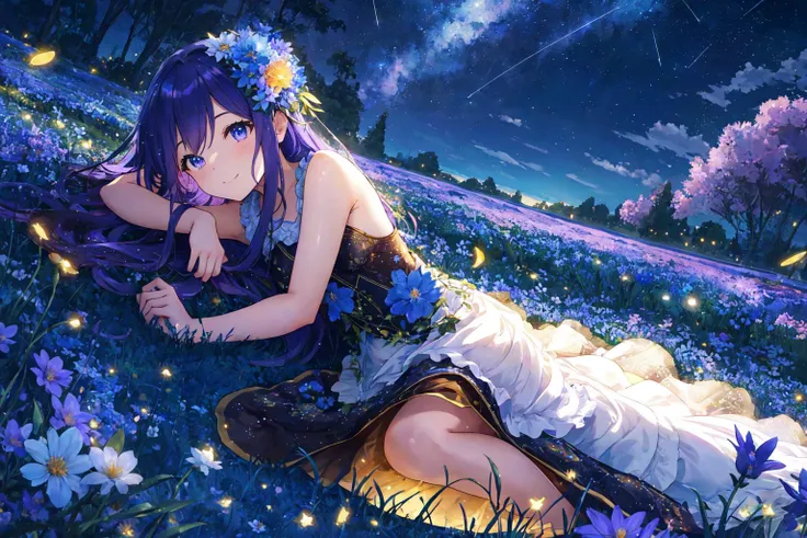 One Woman lying down in a Flower Field, A beautiful Night Sky illuminates the Lake in the middle of the Field,
The Background is filled with Fireflies dancing in the Moonlight, a small smile adornes her face,
her big blue reflective eyes light up in excitement as small shooting stars fall down over the far horizon,
Long Purple Hair with glowing blue strands going down, Fantasy Flower grow around her body, A long flowery Dress adornes her Body,