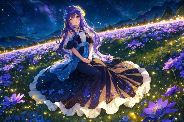 One Woman lying down in a Flower Field, A beautiful Night Sky illuminates the Lake in the middle of the Field,
The Background is filled with Fireflies dancing in the Moonlight, a small smile adornes her face,
her big blue reflective eyes light up in excitement as small shooting stars fall down over the far horizon,
Long Purple Hair with glowing blue strands going down, Fantasy Flower grow around her body, A long flowery Dress adornes her Body,