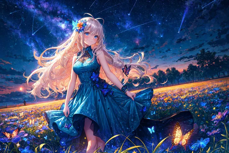 vast flower field, night sky, starfield, small clouds, colorful flowers, butterflies, shooting star, blood moon,
1girl, (tall, medium breasts, long hair, platinum blonde hair, antenna hair, blue eyes, intricate short sleeveless dress, glittering blue dress), light smile, light blush, dynamic pose,
