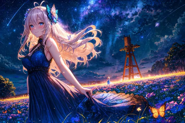 vast flower field, night sky, starfield, small clouds, colorful flowers, butterflies, shooting star, blood moon,
1girl, (tall, medium breasts, long hair, platinum blonde hair, antenna hair, blue eyes, intricate short sleeveless dress, glittering blue dress), light smile, light blush, dynamic pose,