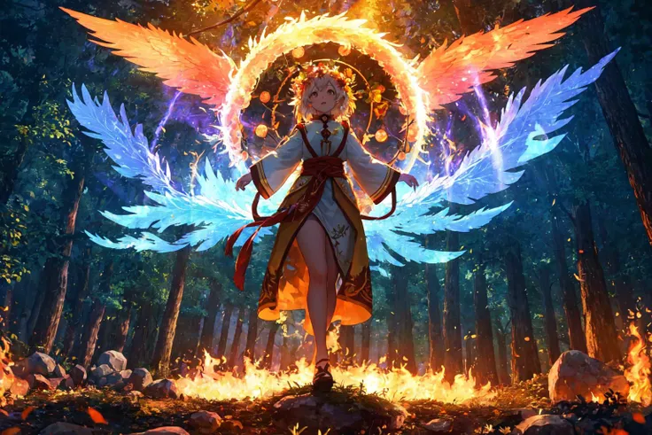 Hear me oh Spirits of Light and Fire, an Enemy dangers those important to nature
take my mana and fill the circles of the skies, fire electricity form the plasma that burns the wood, light and holy purify of what remains.
Oh Spirits of Water and earth, hear my prayer, regenerate and rejuvenate, revive the forest that once was, revive the flowers to balance nature. 
I am just an engine, the elements are my fuel.