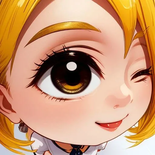 parody close up,chibi girl,from above,solo, brown eyes,blue hair,,smile,yellow hair,arms, tongue, (one eye closed), <lora:parody close up:0.8>