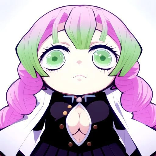 black shirt, white jacket, cleavage cutout, black miniskirt, close up,chibi,from below,closed mouth,white background, <lora:ParodyCloseUp-lbw:1><lora:Character_Mitsuri:0.7>