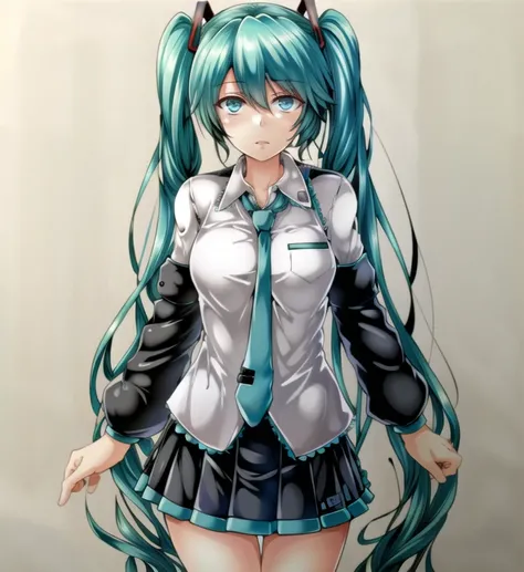 best quality, masterpiece, highres, solo, 1girl, solo, Hatsune Miku, shirt, skirt, aqua eyes, twintails, breasts,