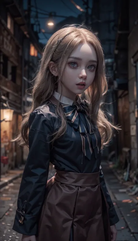 <lora:M3GEN:0.65>
(looking at viewer),(cowboy shot dynamic pose:1.22),
M3GEN/(Robot Girl/), 1girl, solo, long hair, blonde hair, realistic, blurry, grey eyes, bow, photo inset, upper body, bowtie, parted lips, ribbon, lips,
detailed shiny skin,perfect and very white teeth,
Ultra-fine facial detail,eyelashes,Glossy pink lips,
(detailed The dark and terrifying alleys background:1.4),outdoors,(night:1.33),