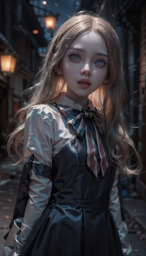 <lora:M3GEN:0.65>
(looking at viewer),(cowboy shot dynamic pose:1.22),
M3GEN/(Robot Girl/), 1girl, solo, long hair, blonde hair, realistic, blurry, grey eyes, bow, photo inset, upper body, bowtie, parted lips, ribbon, lips,
detailed shiny skin,perfect and very white teeth,
finely detailed beautiful eyes,Ultra-fine facial detail,eyelashes,Glossy pink lips,
(detailed The dark and terrifying alleys background:1.4),outdoors,(night:1.33),
depth of field,intricate,elegant,highly detailed,digital photography,masterpiece,hdr,<lora:LASER-V2:0.35>,