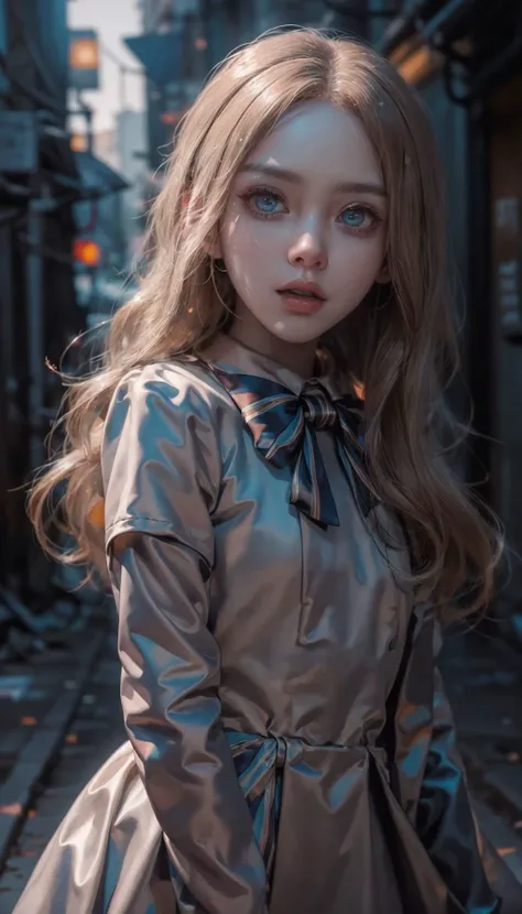<lora:M3GEN:0.65>
(looking at viewer),(cowboy shot dynamic pose:1.22),
M3GEN/(Robot Girl/), 1girl, solo, long hair, blonde hair, realistic, blurry, grey eyes, bow, photo inset, upper body, bowtie, parted lips, ribbon, lips,
detailed shiny skin,perfect and very white teeth,
finely detailed beautiful eyes,Ultra-fine facial detail,eyelashes,Glossy pink lips,
(detailed The dark and terrifying alleys background:1.4),outdoors,(day:1.33),
depth of field,intricate,elegant,highly detailed,digital photography,masterpiece,hdr,<lora:LASER-V2:0.35>,