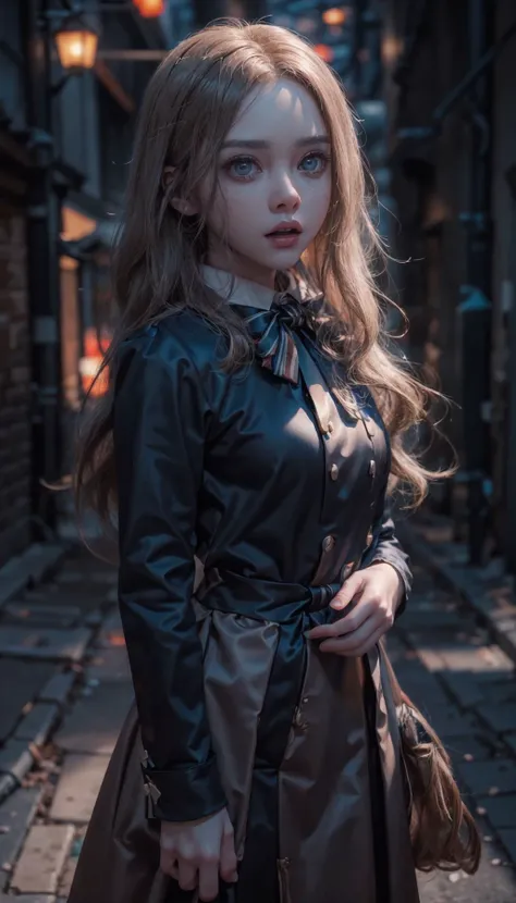 <lora:M3GEN:0.65>
(looking at viewer),(cowboy shot dynamic pose:1.22),
M3GEN/(Robot Girl/), 1girl, solo, long hair, blonde hair, realistic, blurry, grey eyes, bow, photo inset, upper body, bowtie, parted lips, ribbon, lips,
detailed shiny skin,perfect and very white teeth,
Ultra-fine facial detail,eyelashes,Glossy pink lips,
(detailed The dark and terrifying alleys background:1.4),outdoors,(night:1.33),