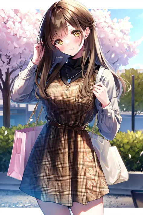 -Shino amagi OL, 1girl, solo, brown hair, dress, long hair, smile, looking at viewer, bag, long sleeves, yellow eyes, cowboy shot, blush, hand in own hair, outdoors, plaid dress, closed mouth, belt, bangs, blurry, plaid, handbag, necklace, brown dress, jewelry, standing, blurry background, hand up, day, tree, turtleneck, strapless, cherry blossoms, signature<lora:Shino amagi OL-000018:0.9>,