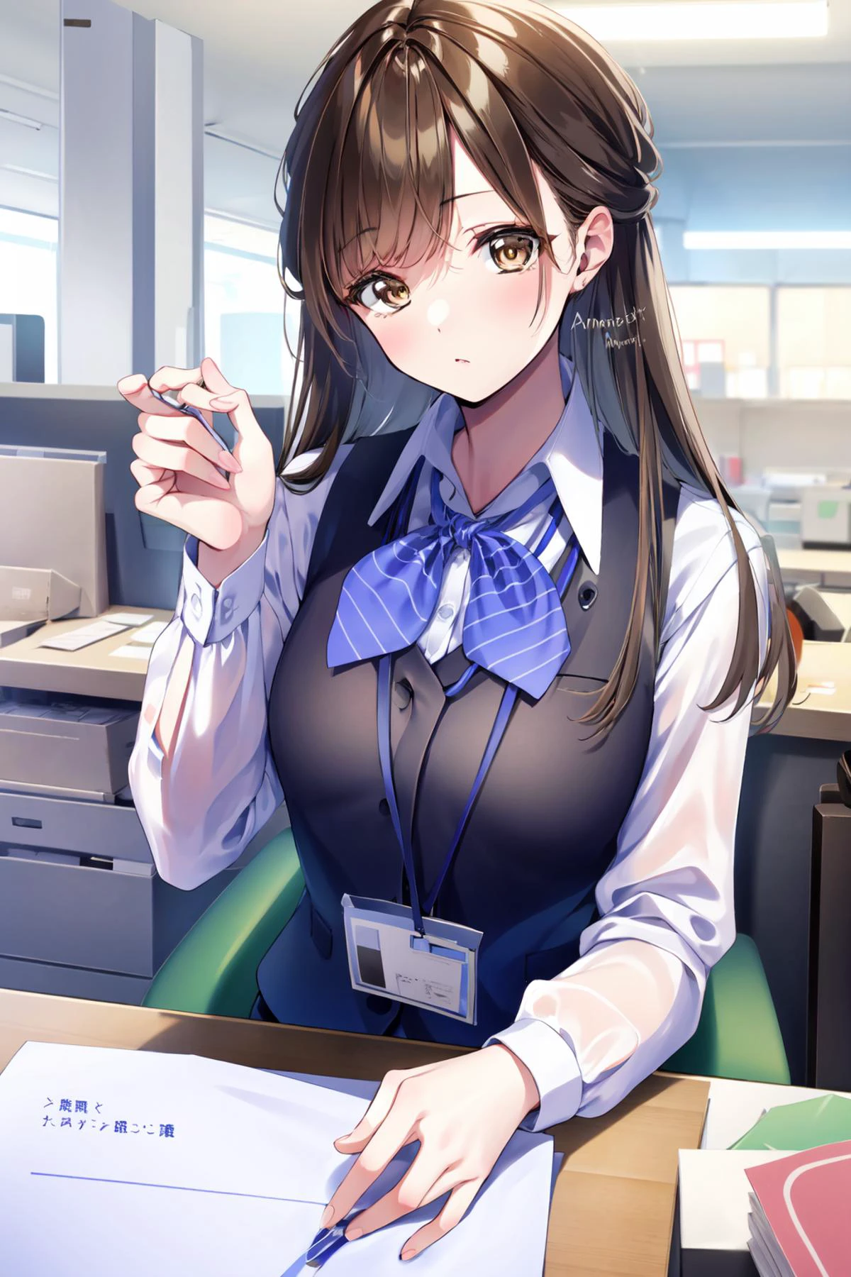 (masterpiece:1.2),best quality,PIXIV,Shino amagi OL,
1girl,cup,solo,brown hair,long hair,breasts,looking at viewer,brown eyes,office lady,ol,
office,
<lora:Shino amagi OL-000018:0.9>,