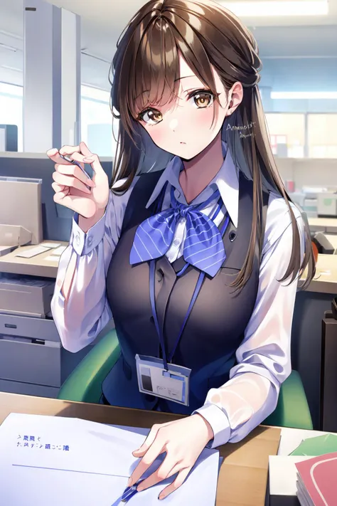 1lady solo, sitting, (from above), office worker, ((blue vest) over white dress shirt), mature female, /(dark brown hair/), kind smile, (masterpiece best quality:1.2) delicate illustration ultra-detailed, large breasts,bowtie BREAK (modern office) indoors, (reception desk), entrance, detailed background